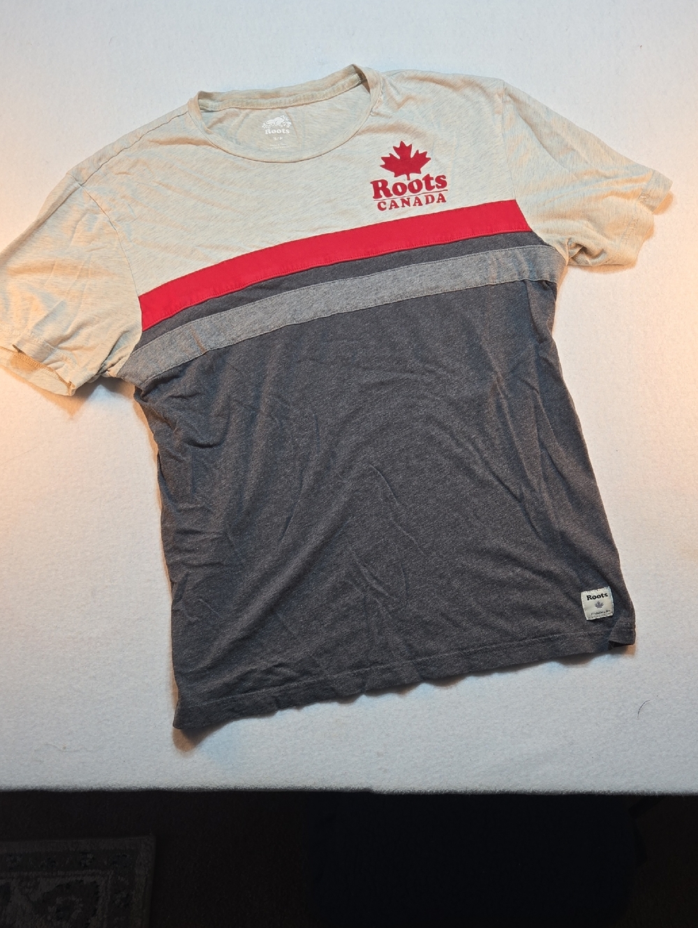 Roots Canada Men's Short Sleeve Colorblock Tee in Red, Gray, and Cream